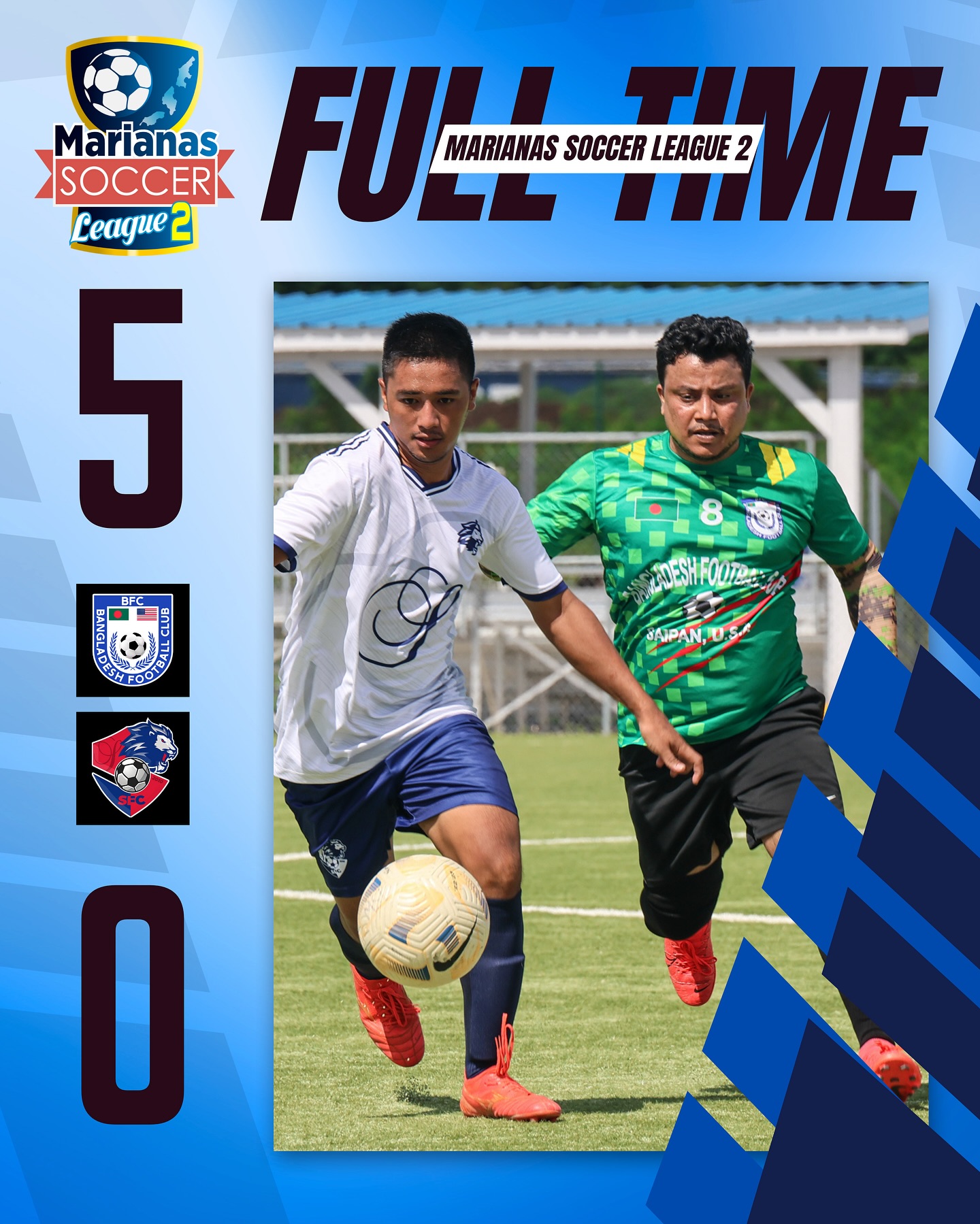 May be an image of 2 people, people playing football, people playing soccer and text that says 'Marianas MARIANAS SOCCER LEAGUE EAGUE FULLTAME TIME 2 SOCCER Ceague FU 5 1 e OAPAN.O S N, O'