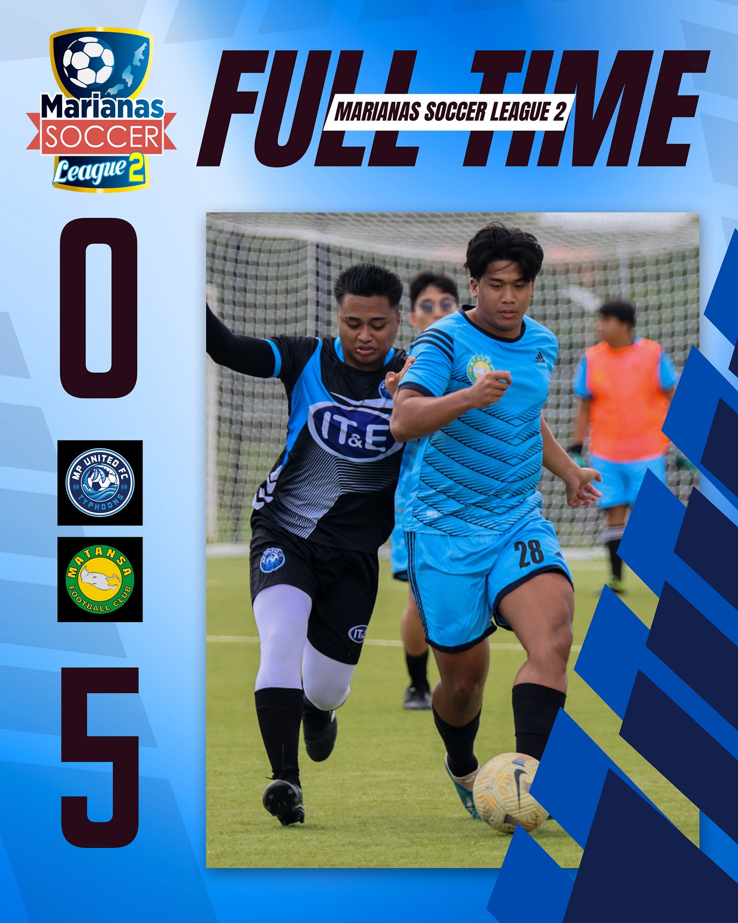 May be an image of 3 people, people playing football, people playing soccer and text that says 'MARIANAS FULL SOCCER LEAGUE LEAGU #FULLTIME TIME 2 SOCCER Marianas Ceague O SANITEOR ร UNITED IT&E 竹 28 5'