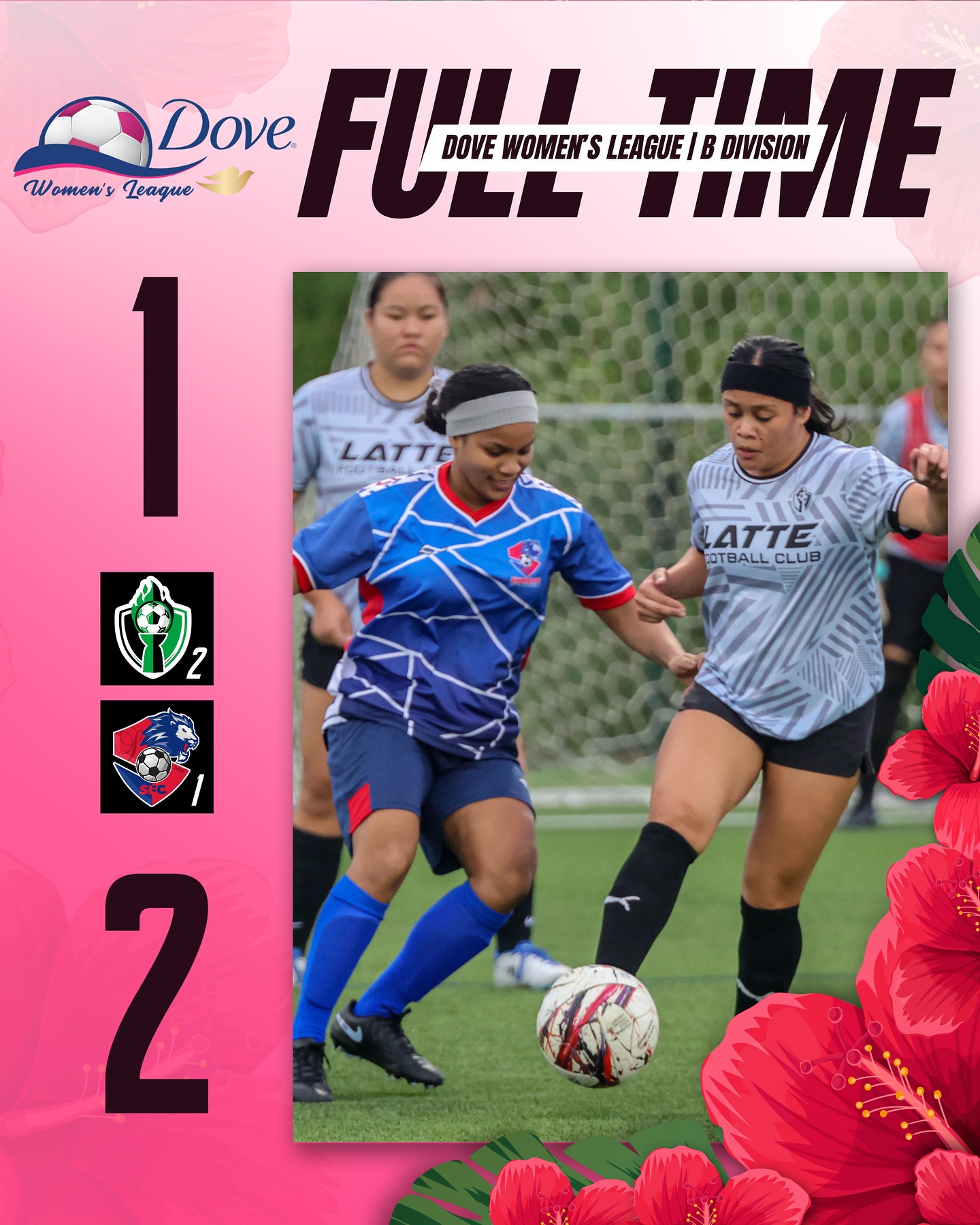 May be an image of 2 people, people playing soccer and text that says 'Dove Women's Leaque FLLL FULLTIE TL DOVE WOMEN'S LEAGUE IB THE DIVISION 1 LATTE ATTE EOTBALLCLUB COTBALL CLUB 2 2'