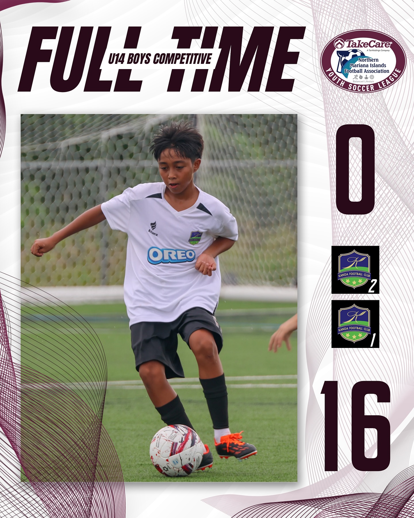 May be an image of 1 person, playing soccer, playing football and text that says 'FULA TakeCare U14 BOYS COMPETITIVE FULLTIME HME YOUTH an MartanaIsia nTe Norther Narthern nottsallA ssoclation おもか SOCCER O OREO +++ 16'