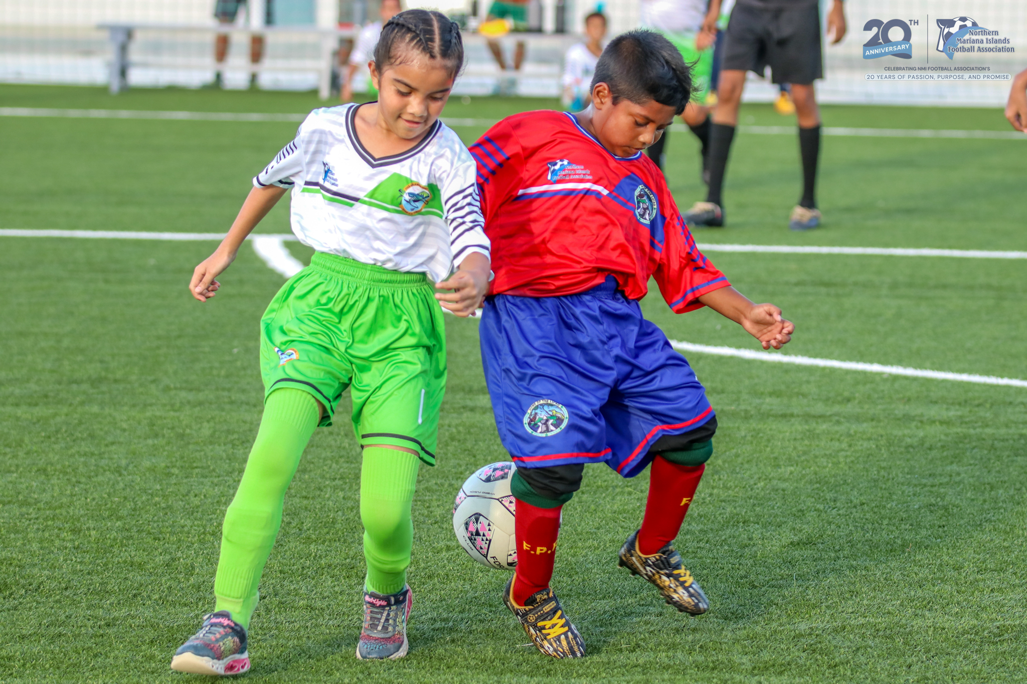 May be an image of 4 people, people playing soccer, people playing football, grass and text