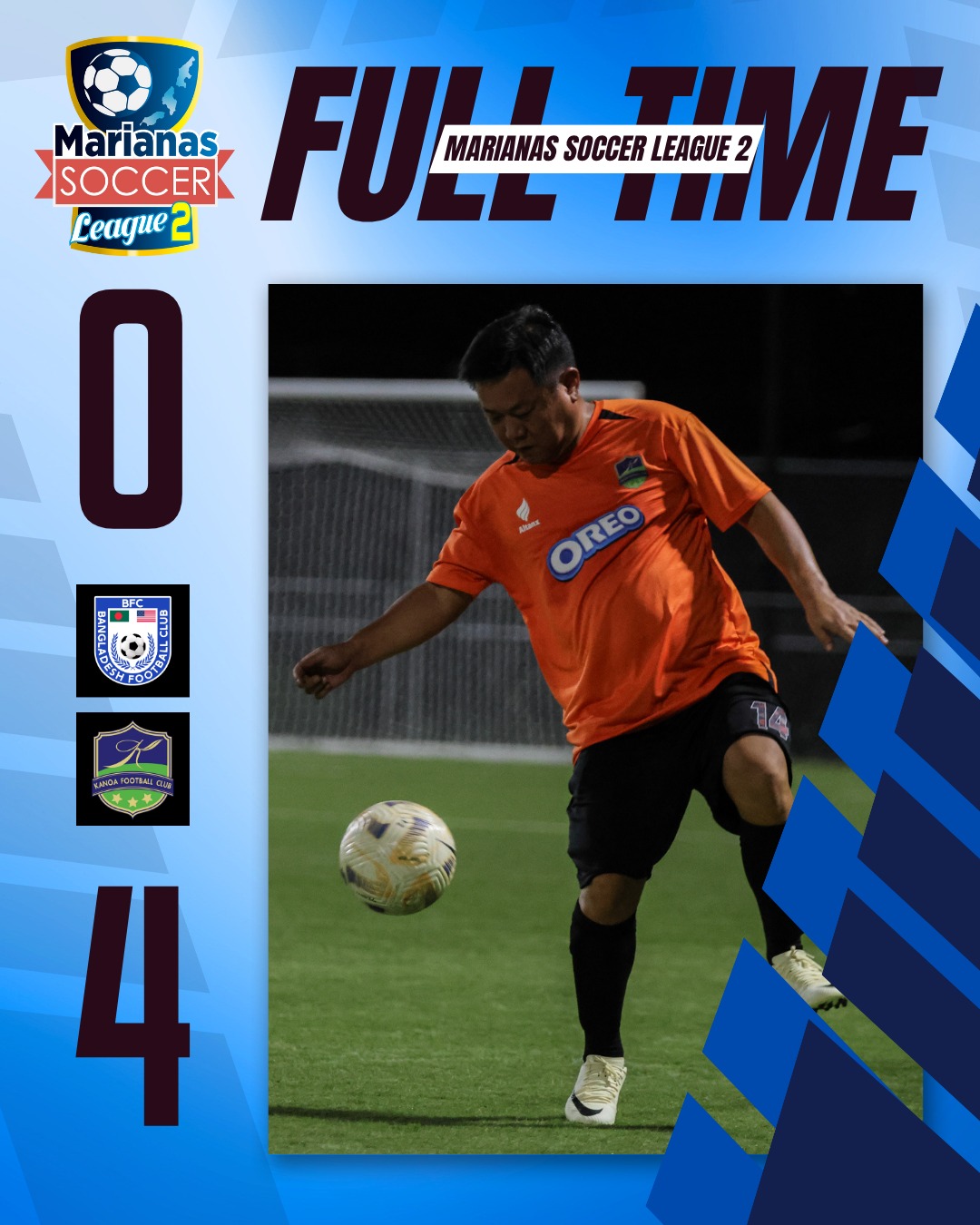 May be an image of ‎1 person, playing soccer, playing football and ‎text that says '‎Marianas MARIANAS FULI SOCCER LEAGUE yME FULLTIME 2 SOCCER Ceague O ● - ORED OREO HONPORRNIAS * نا 4‎'‎‎