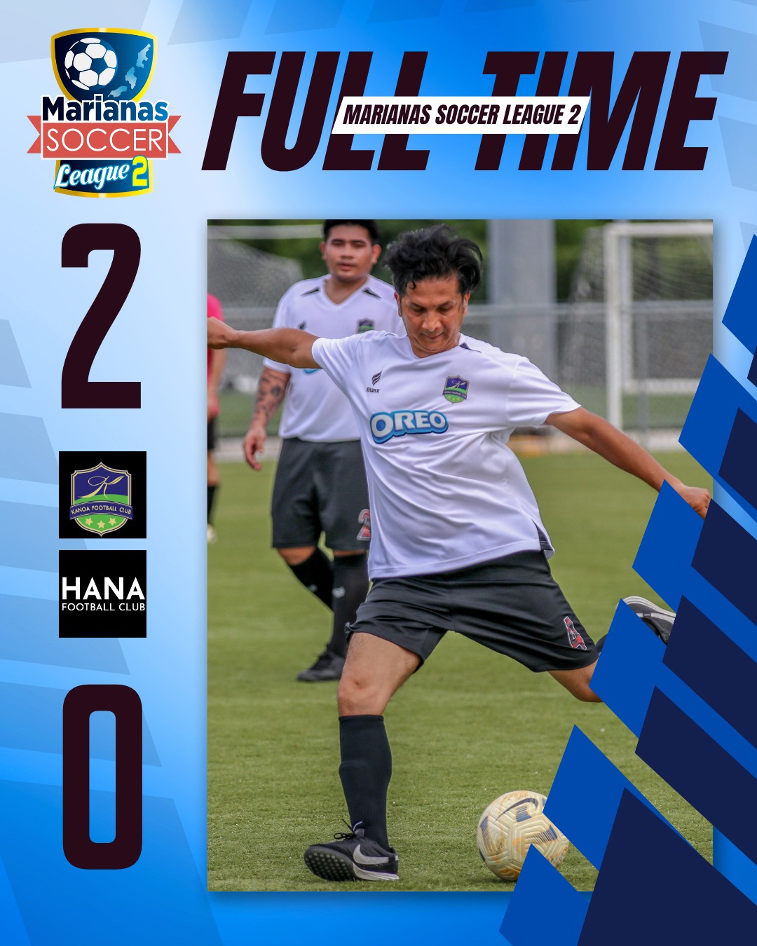May be an image of 2 people, people playing soccer, people playing football and text that says 'FU'L MARIANAS SOCCER TIME LEAGUE FULLTIME 2 SOCCER Marianas CeaAиe 2 Malx OREO HANA FOO FOOTBALL BALL CLUB O'