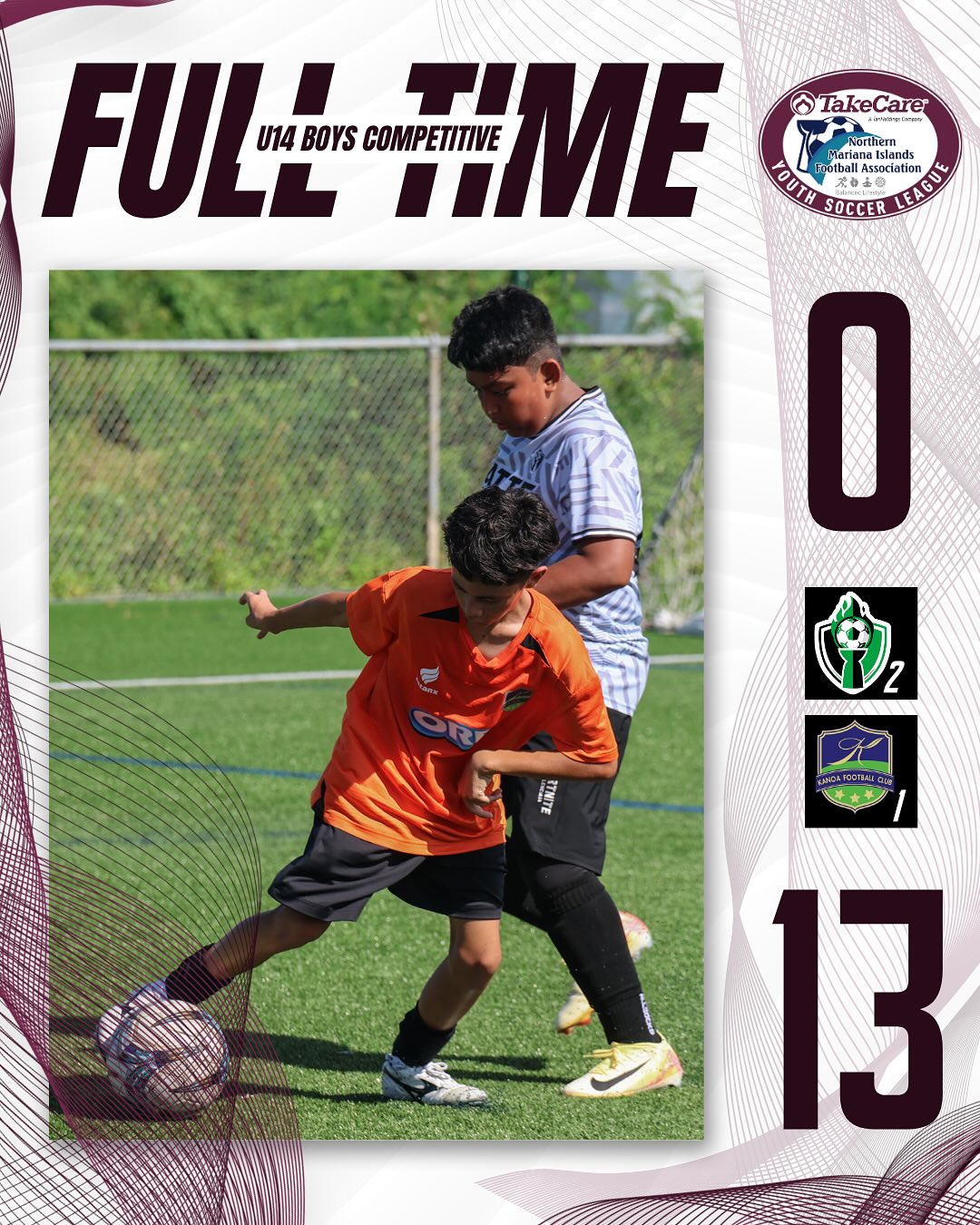 May be an image of 2 people, people playing soccer, people playing football and text that says 'FUL 014 BOYS COMPETITIVE HME ٥ TakeCare ca Northern ህሀ INull Mariana1slan Wartanaista otball ssociation SOCCER O U 2 ヨLINLE OM. 13'