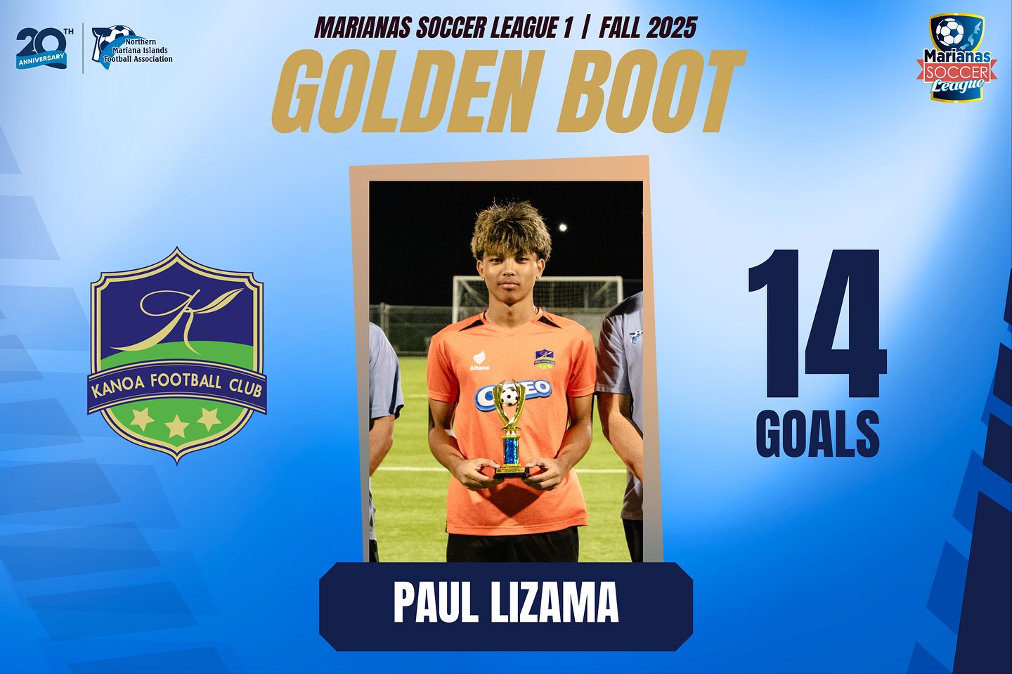 May be an image of soccer, football and text that says 'AKNIVERSARY Northiem จงชบตอา หงกงคอาด ไไอกน์ nathall Association MARIANAS SOCCER LEAGUE 1 I FALL 2025 GOLDEN BOOT Marianas, SOCCER CeaAиe K KANOA KANOAFOOTBALLCLU8 KANOAFOO FOOTBALL CLUB 14 GOALS PAUL LIZAMA'